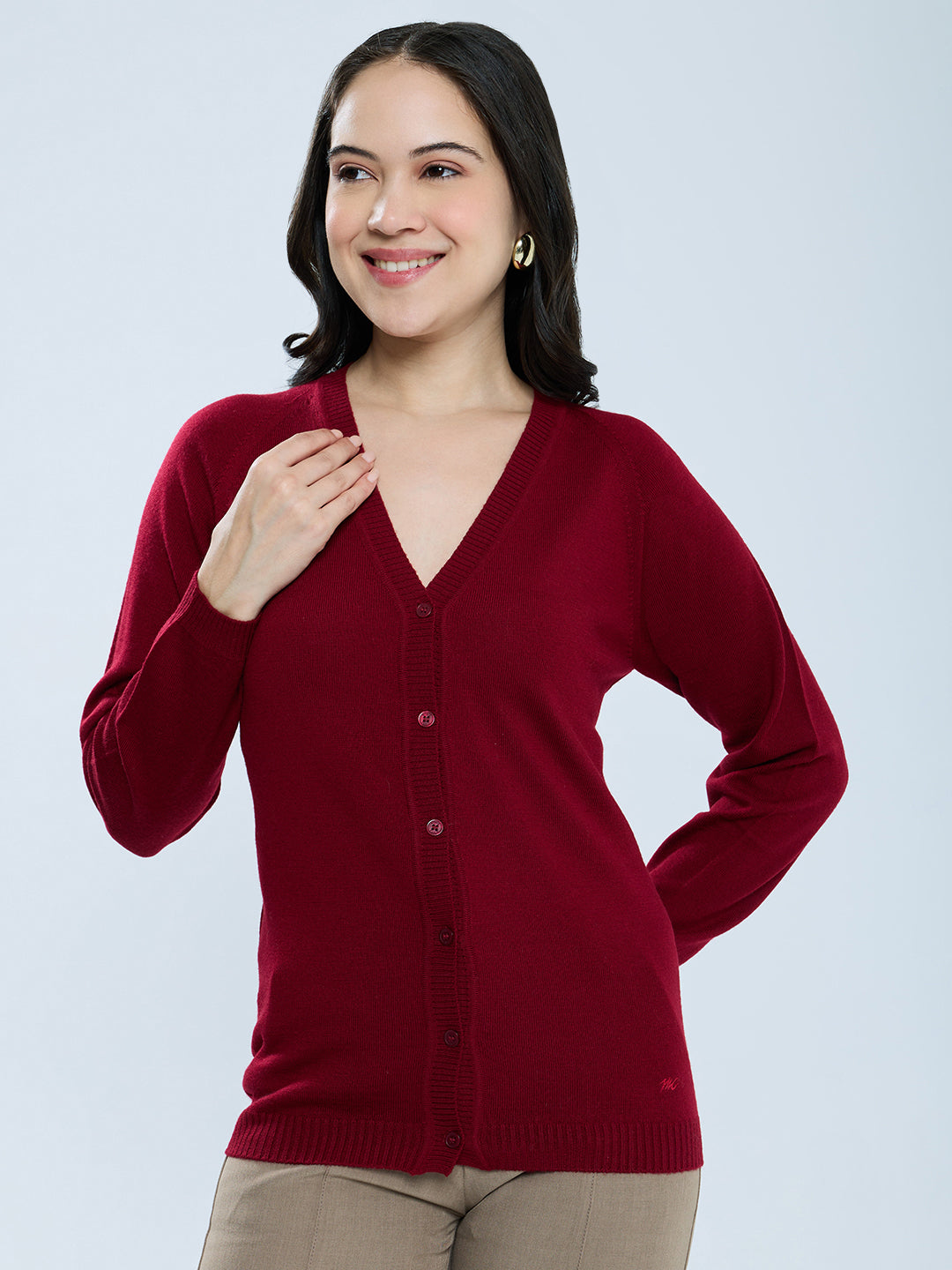 Women Maroon Solid V Neck Full Sleeve Cardigan