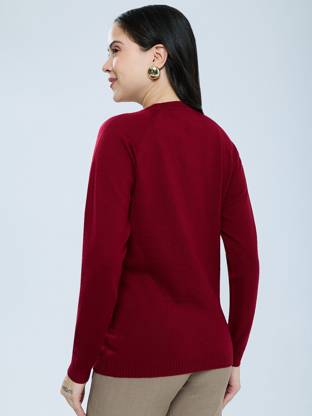 Women Maroon Solid V Neck Full Sleeve Cardigan