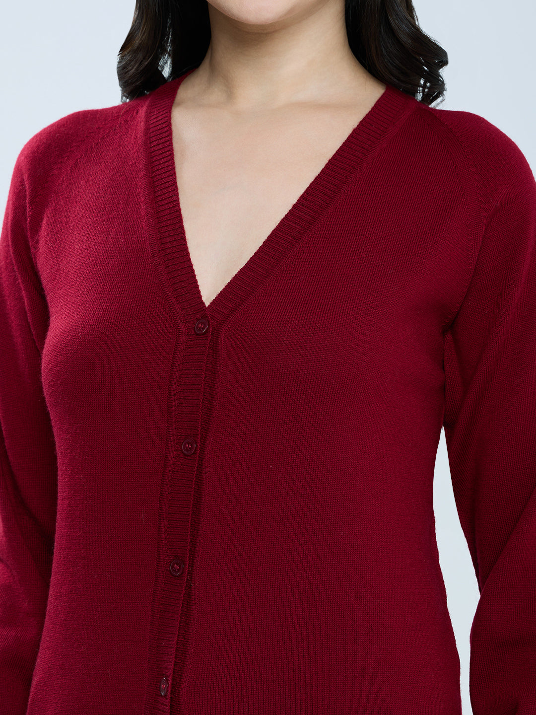 Women Maroon Solid V Neck Full Sleeve Cardigan