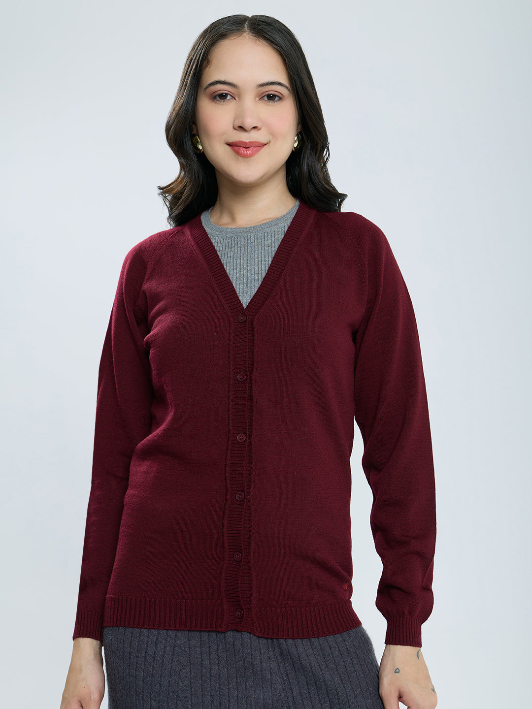 Women Maroon Solid V Neck Full Sleeve Cardigan