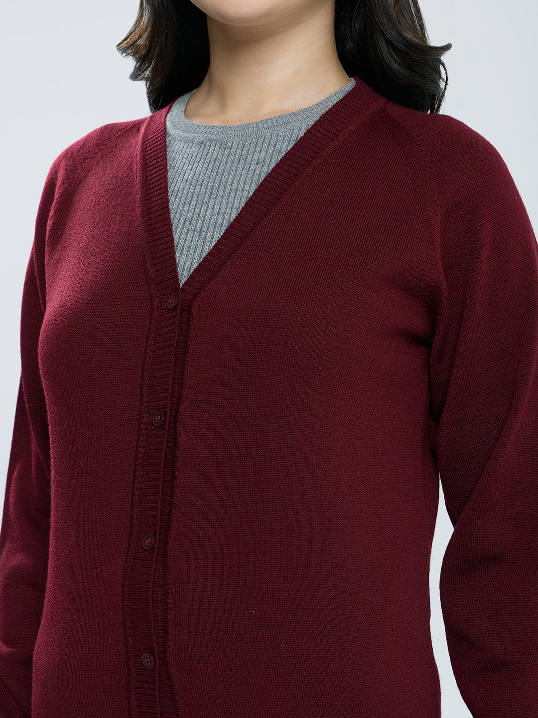 Women Maroon Solid V Neck Full Sleeve Cardigan