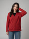 Women Red Solid V Neck Full Sleeve Cardigan