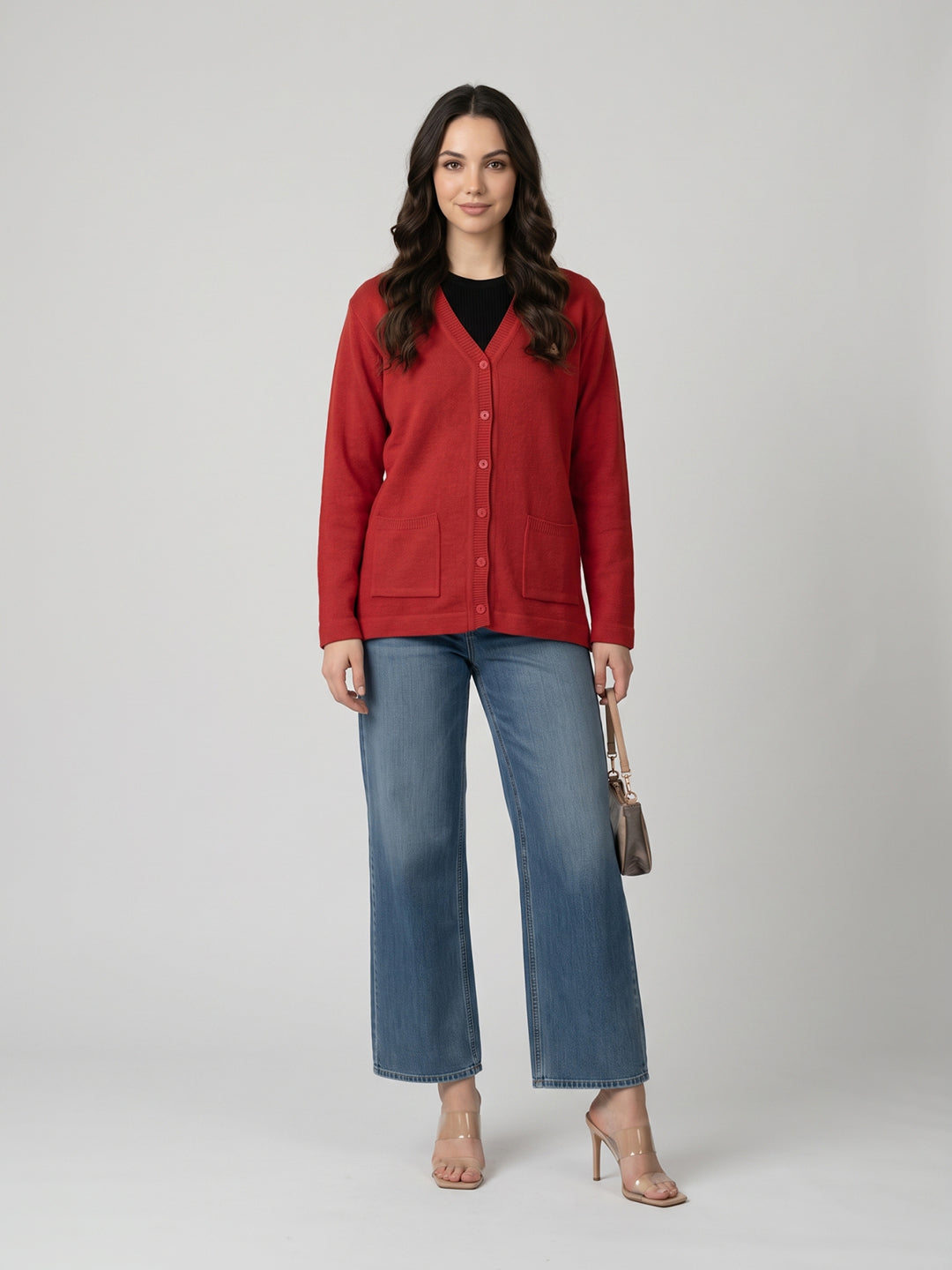 Women Red Solid V Neck Full Sleeve Cardigan
