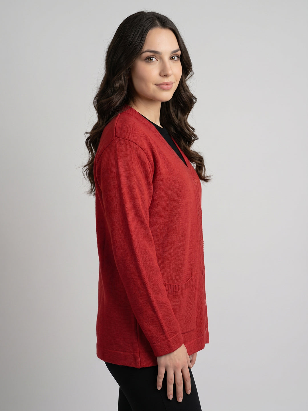 Women Red Solid V Neck Full Sleeve Cardigan
