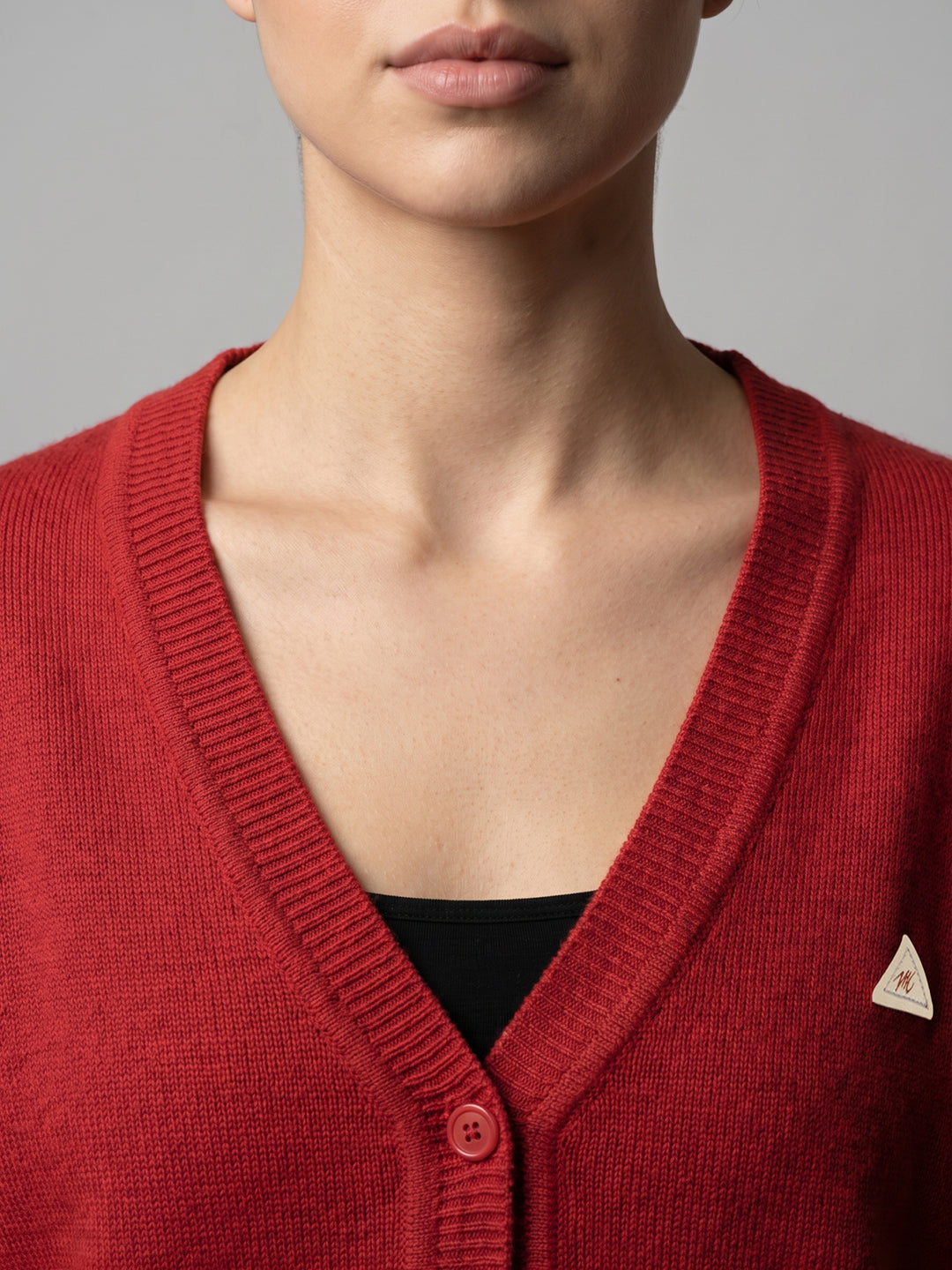 Women Red Solid V Neck Full Sleeve Cardigan