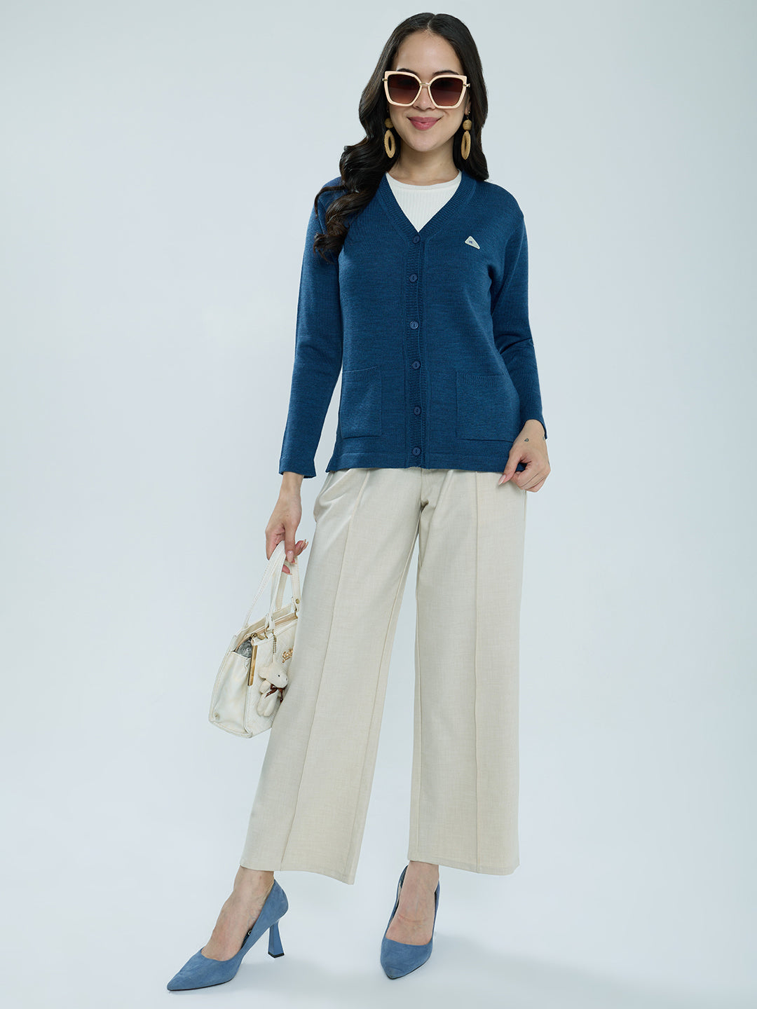Women Blue Solid V Neck Full Sleeve Cardigan