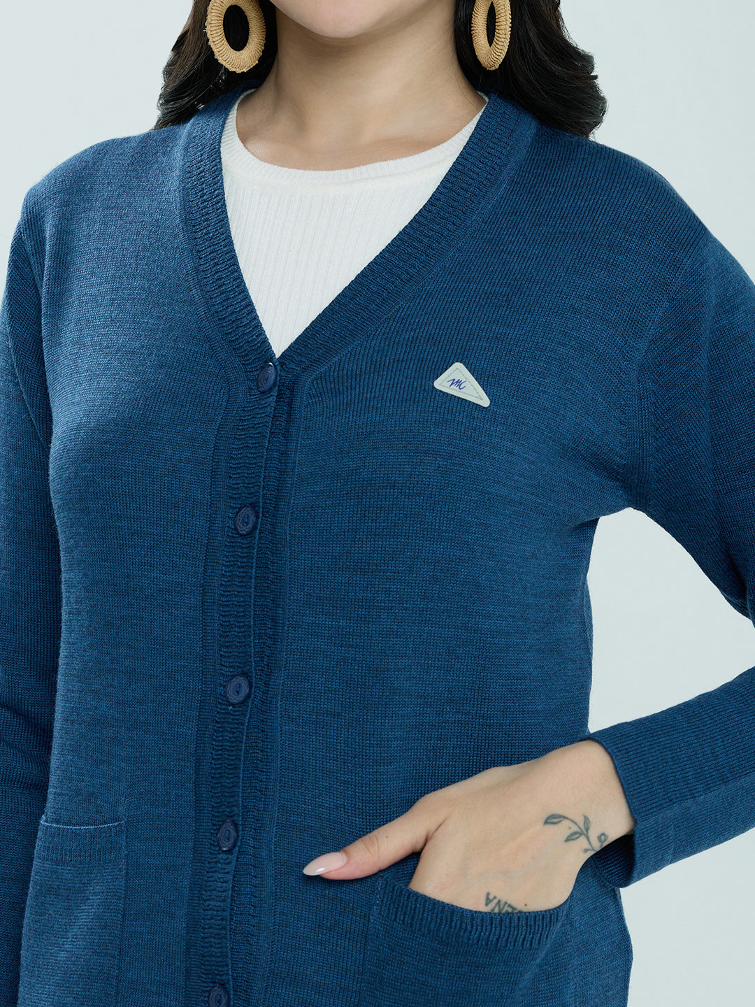 Women Blue Solid V Neck Full Sleeve Cardigan