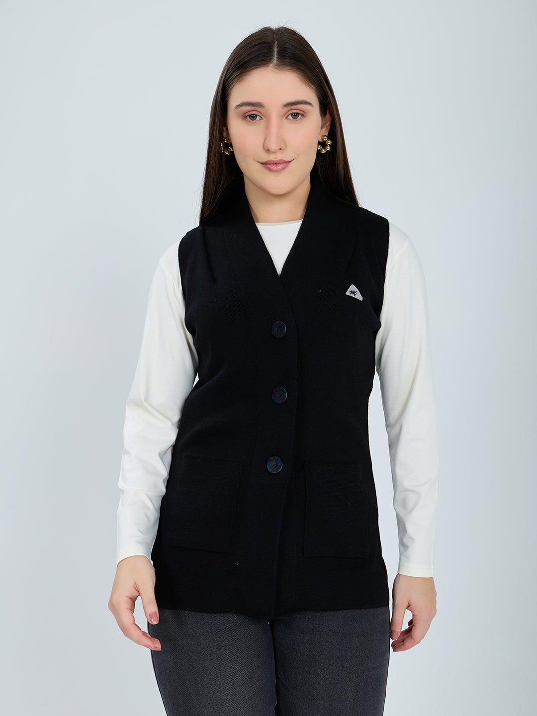 Women Black Solid V Neck Sleeveless Cardigan