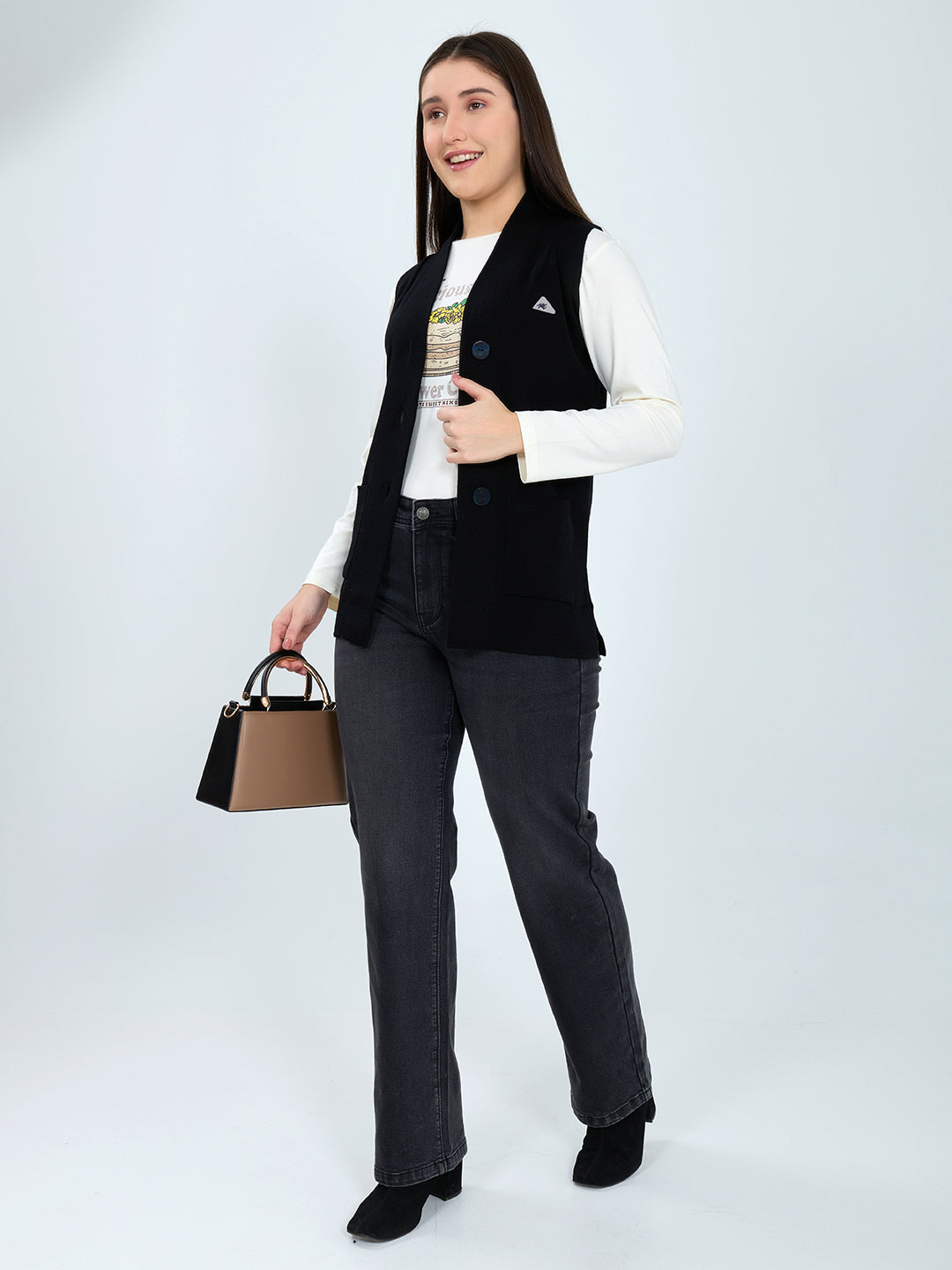 Women Black Solid V Neck Sleeveless Cardigan