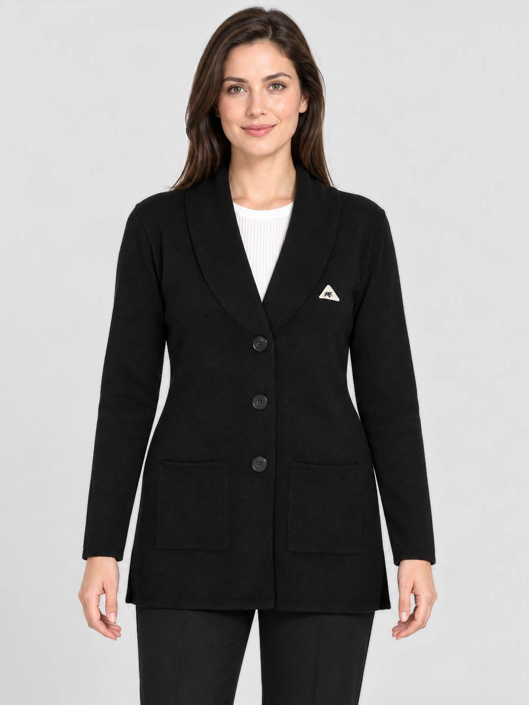 Women Black Solid V Neck Full Sleeve Cardigan