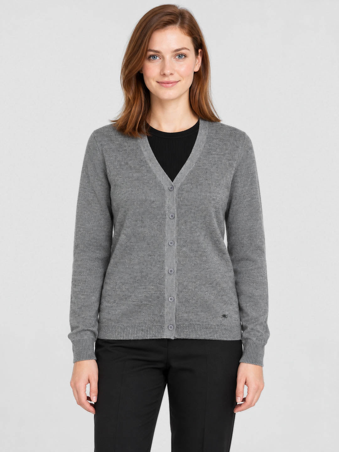 Women Grey Solid V Neck Full Sleeve Cardigan