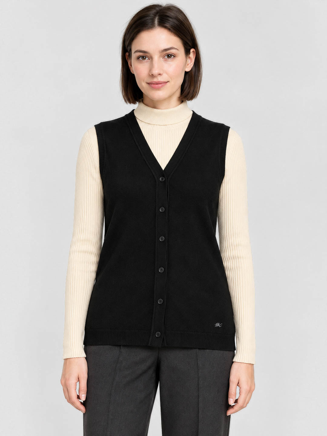 Women Black Solid V Neck Sleeveless Cardigan