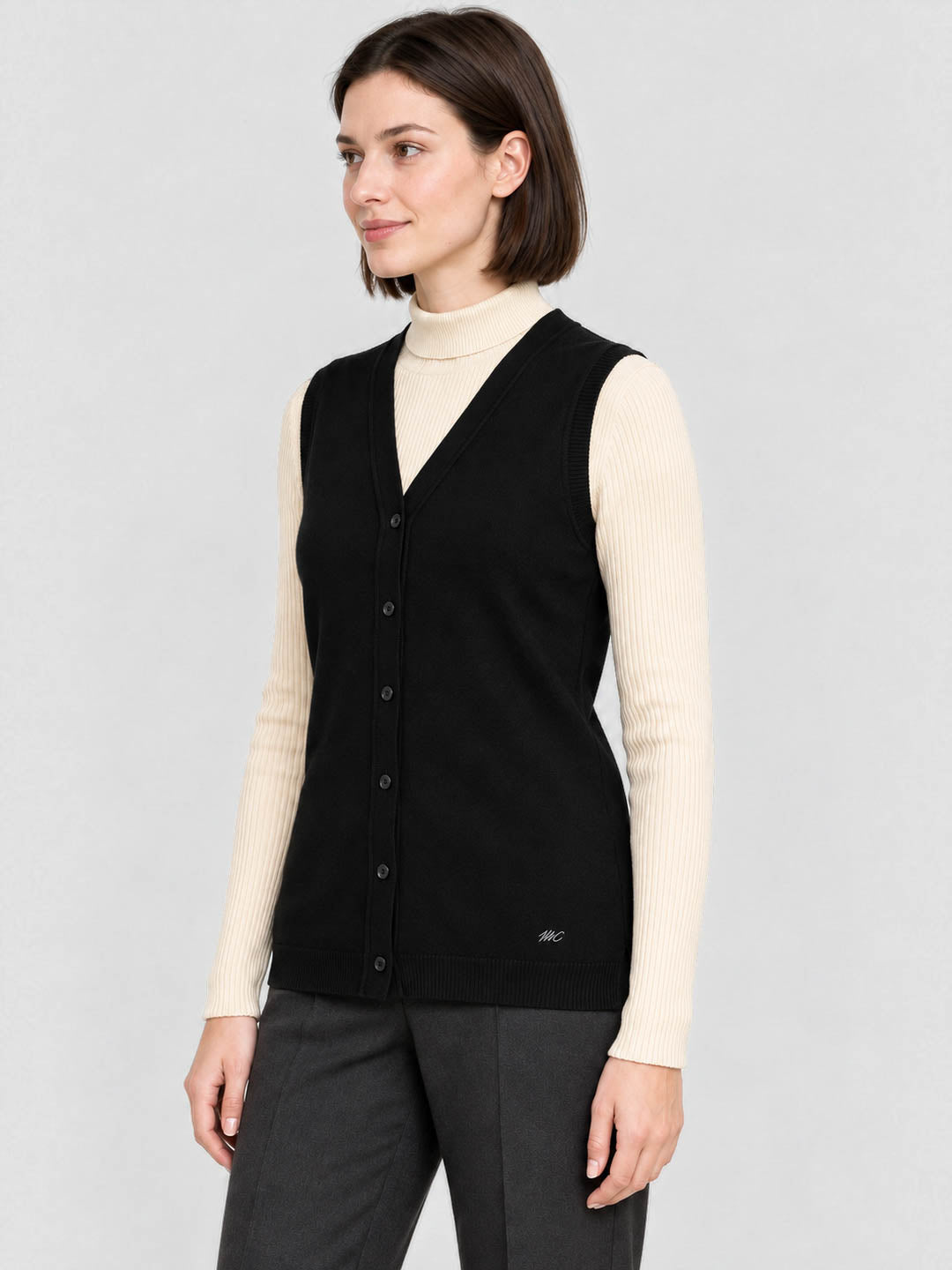 Women Black Solid V Neck Sleeveless Cardigan