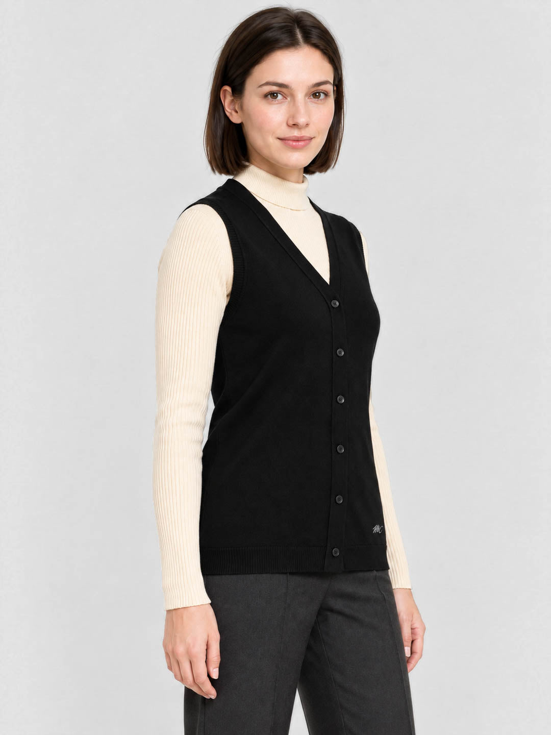 Women Black Solid V Neck Sleeveless Cardigan