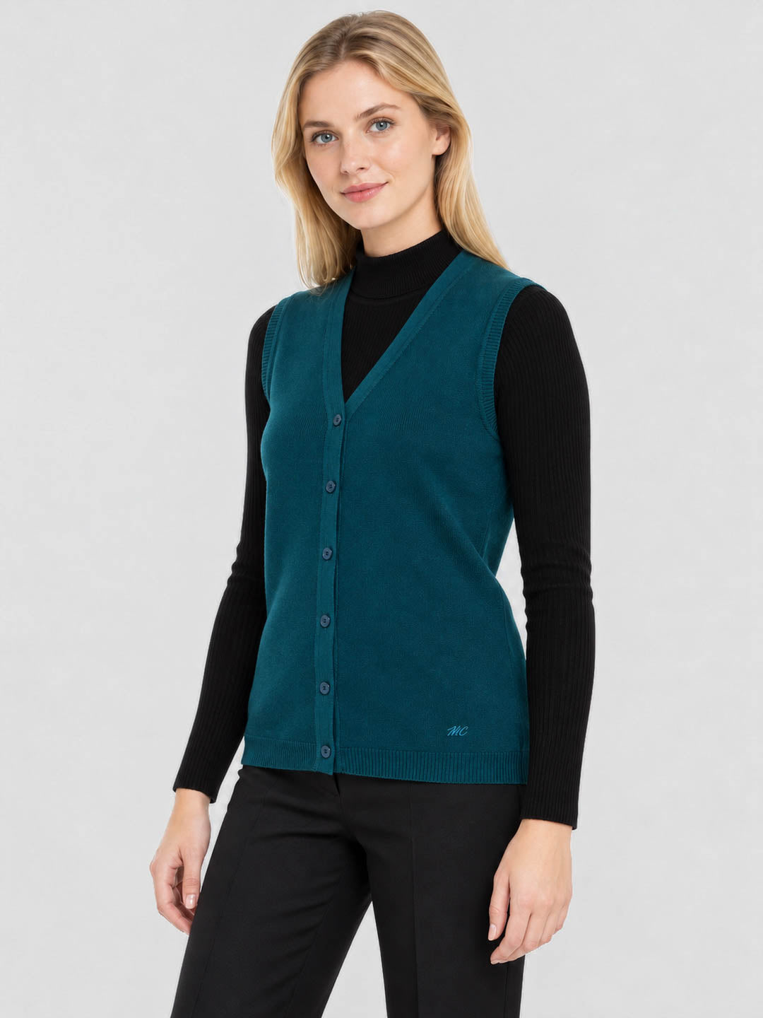 Women Teal Blue Solid V Neck Sleeveless Cardigan