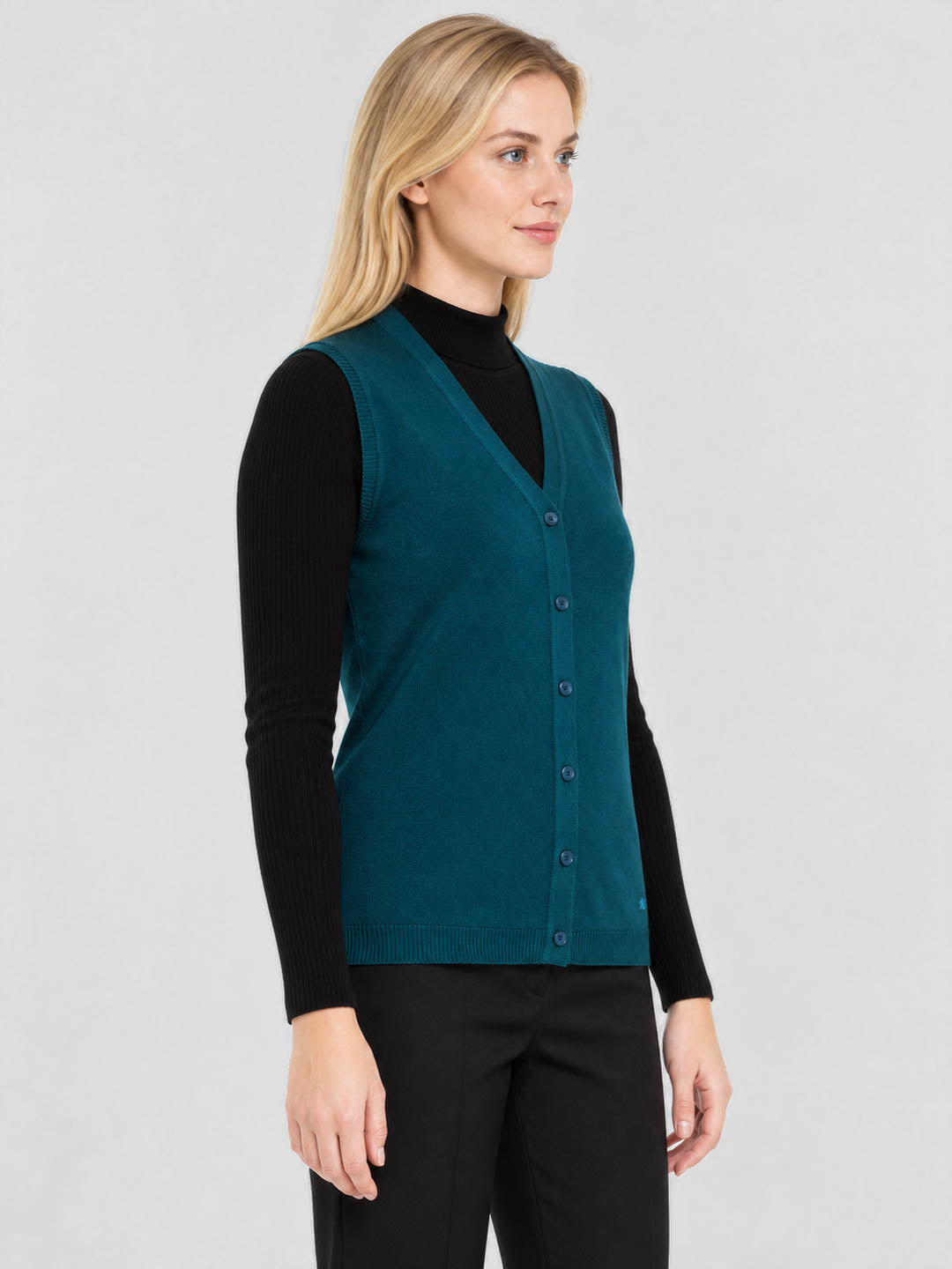 Women Teal Blue Solid V Neck Sleeveless Cardigan