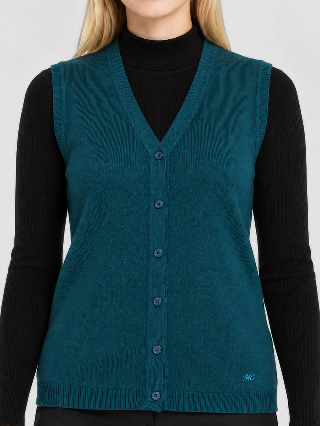 Women Teal Blue Solid V Neck Sleeveless Cardigan
