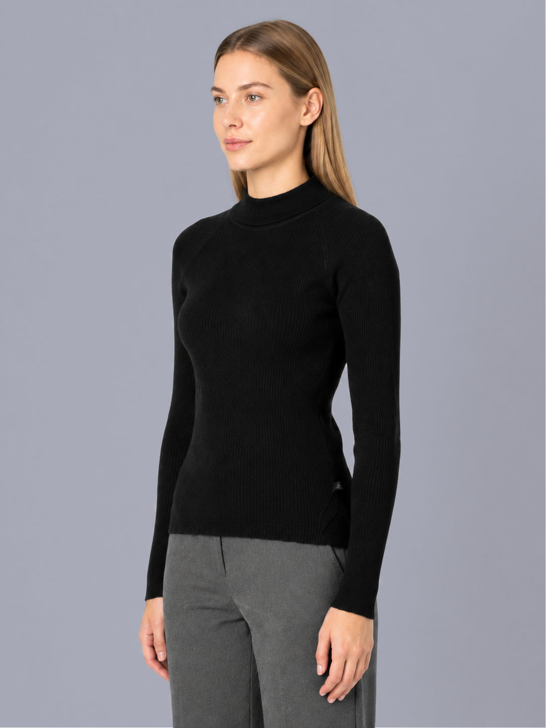 Women Black Solid High Neck Full Sleeve Sceavy