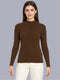 Women Brown Solid High Neck Full Sleeve Sceavy
