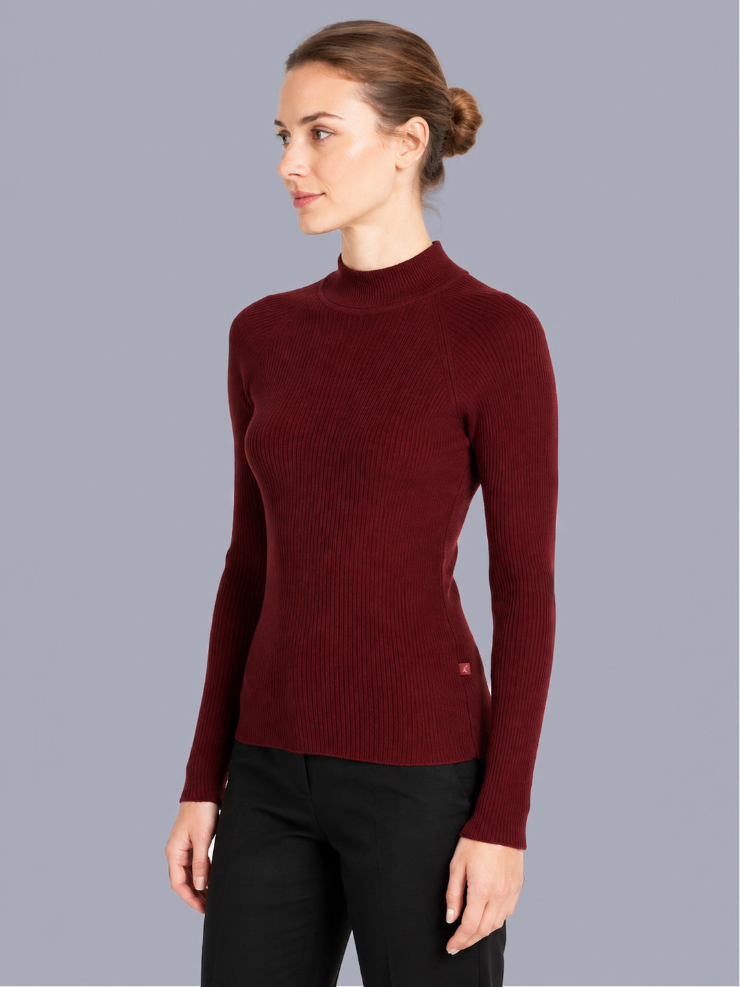 Women Maroon Solid High Neck Full Sleeve Sceavy