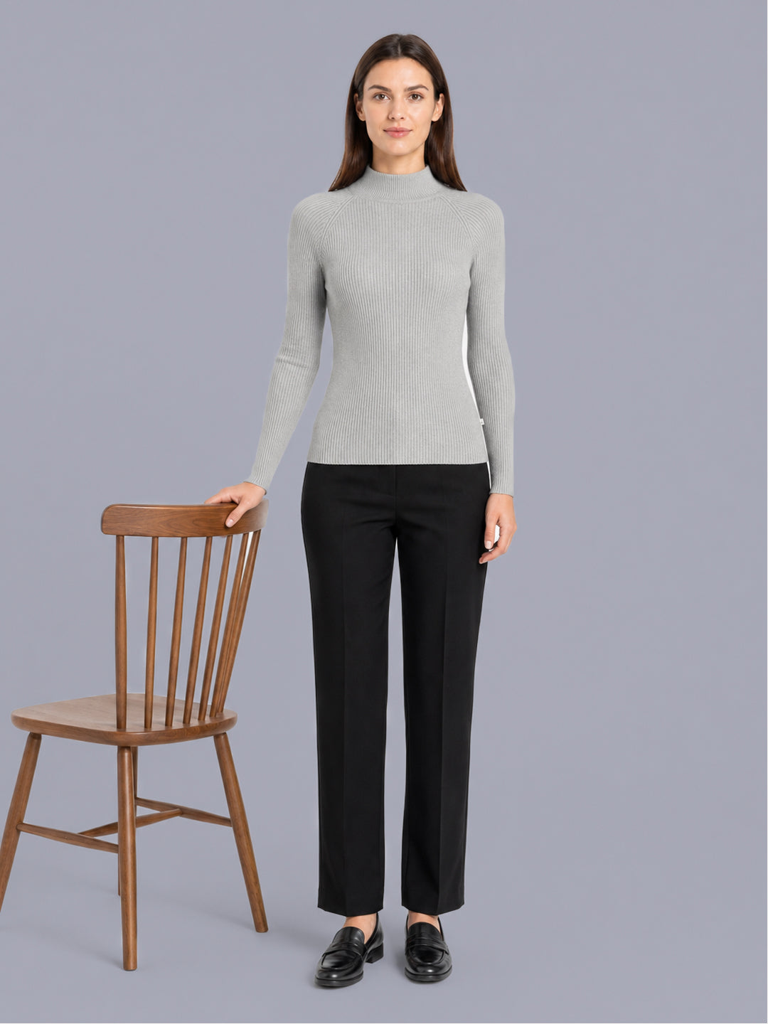 Women Grey Solid High Neck Full Sleeve Sceavy