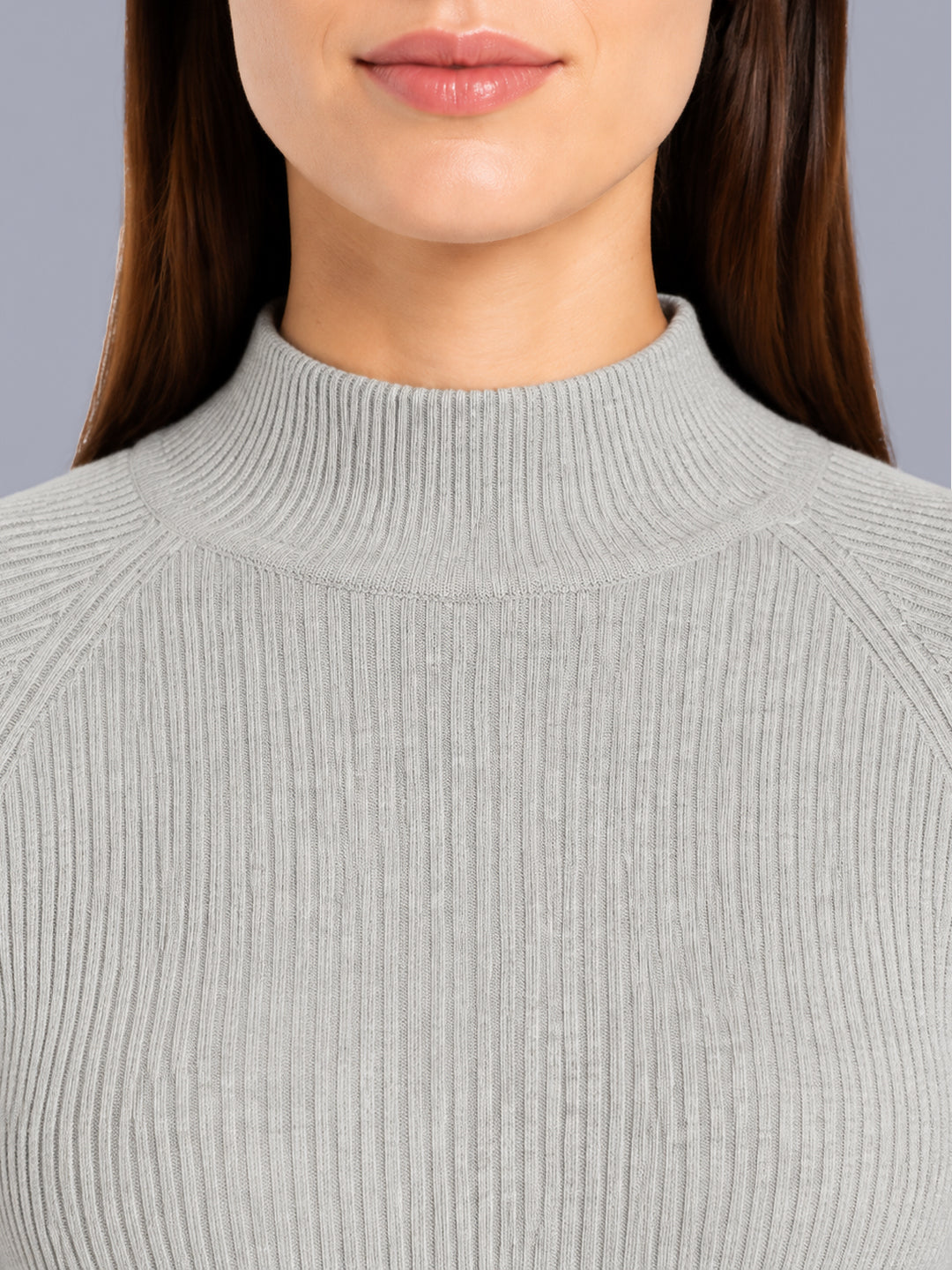 Women Grey Solid High Neck Full Sleeve Sceavy