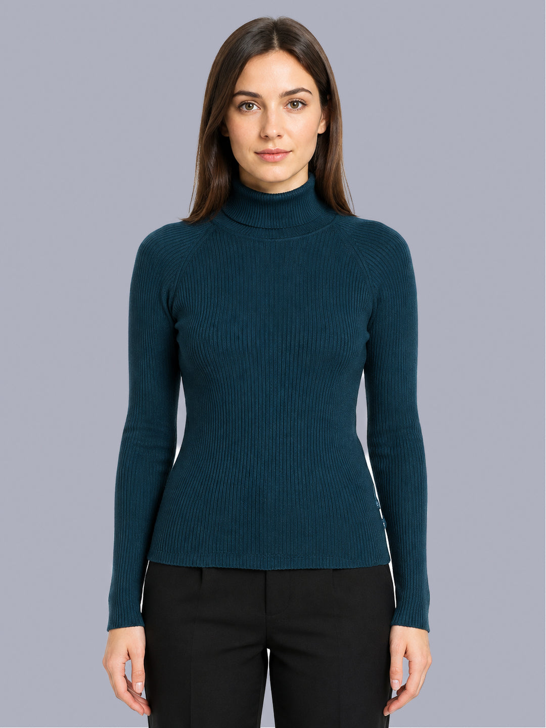 Women Teal Blue Solid High Neck Full Sleeve Sceavy