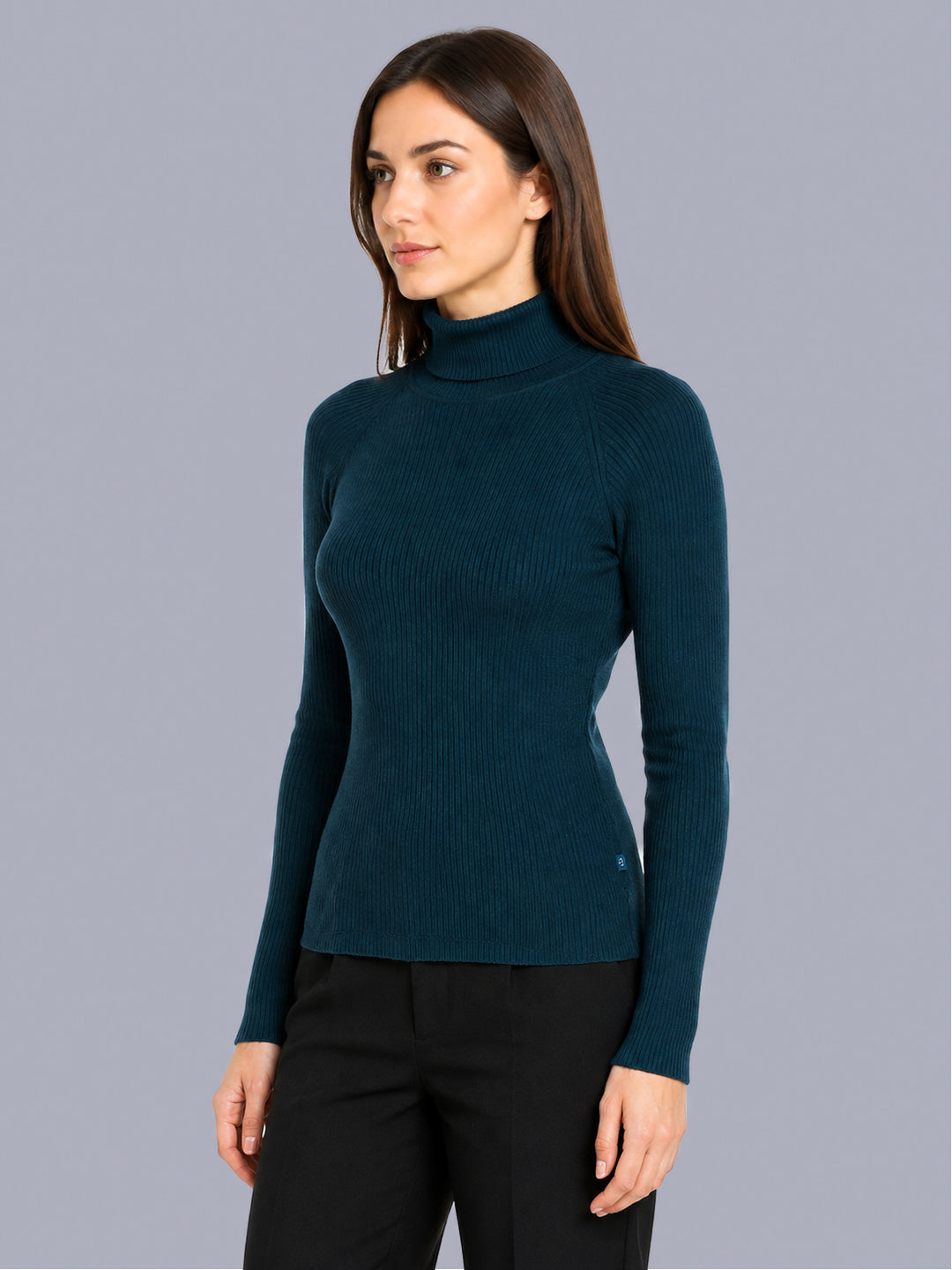 Women Teal Blue Solid High Neck Full Sleeve Sceavy
