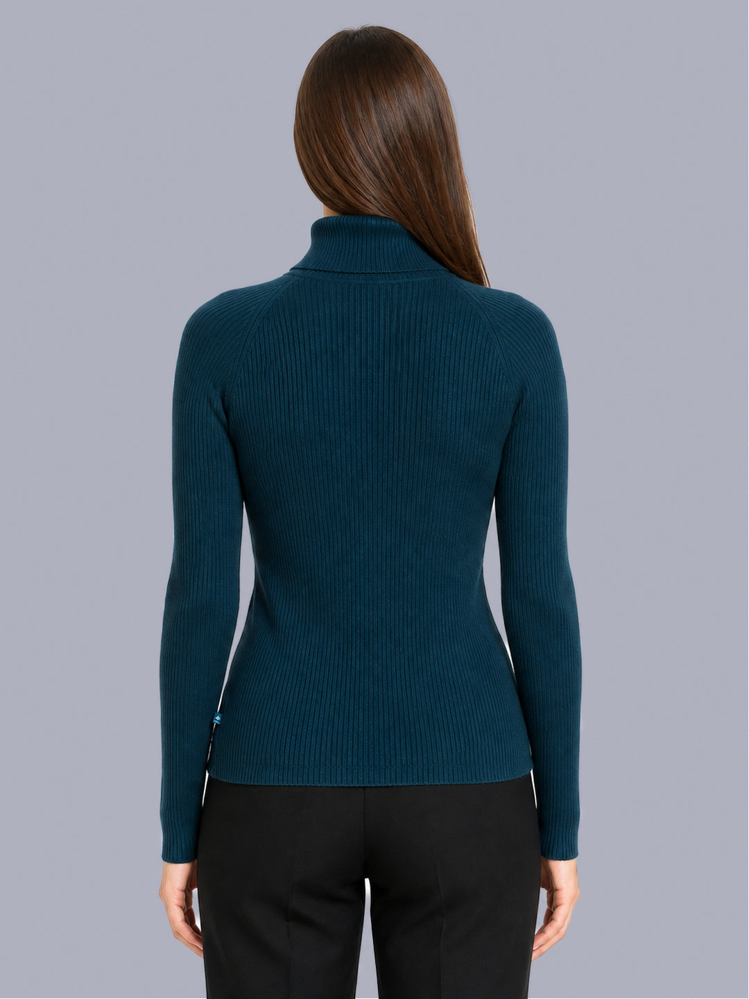 Women Teal Blue Solid High Neck Full Sleeve Sceavy