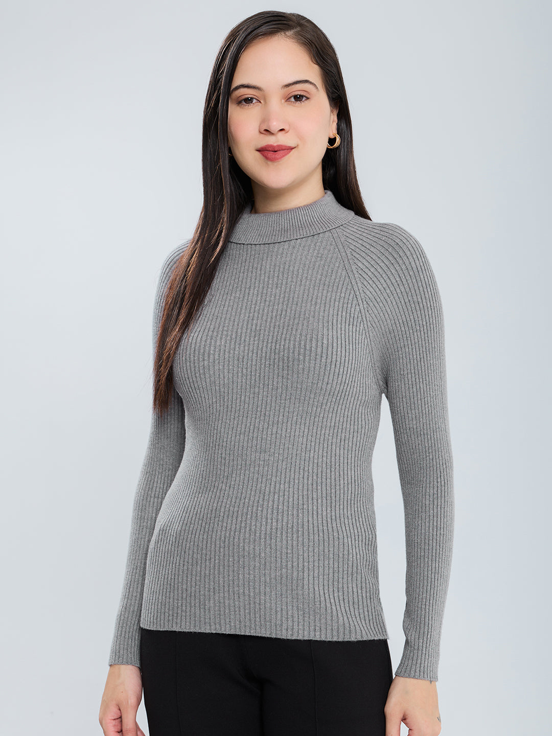 Women Grey Solid Turtle Neck Full Sleeve Sceavy