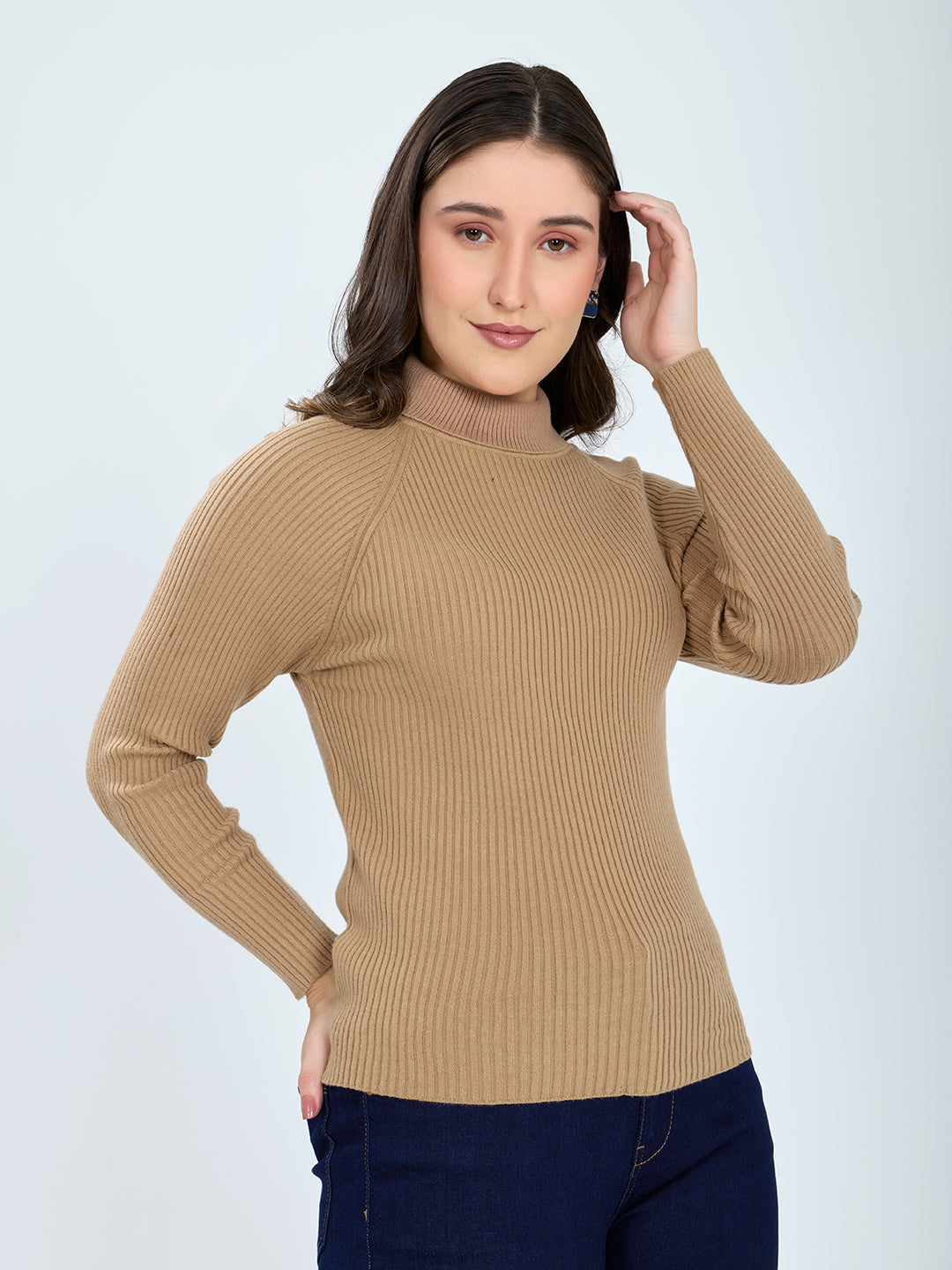 Women Camel Brown Solid High Neck Full Sleeve Sceavy