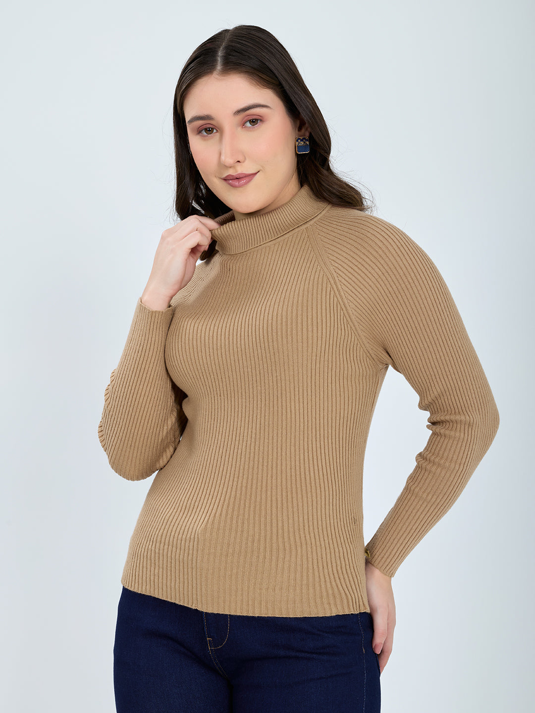 Women Camel Brown Solid High Neck Full Sleeve Sceavy