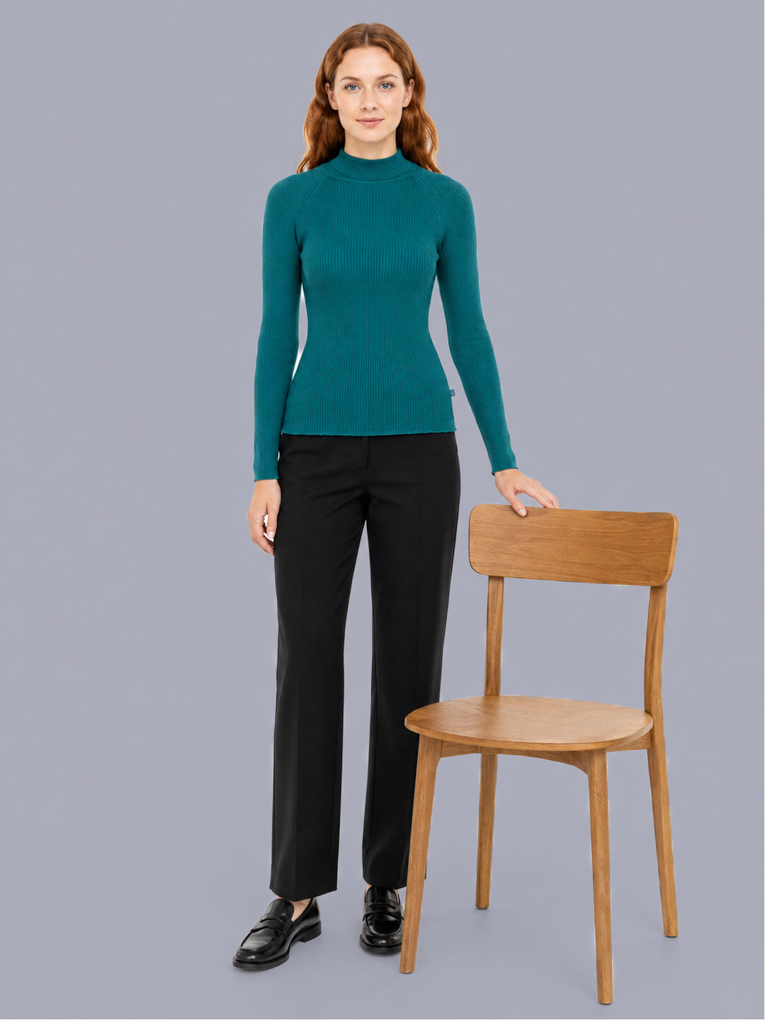 Women Aqua Blue Solid High Neck Full Sleeve Sceavy