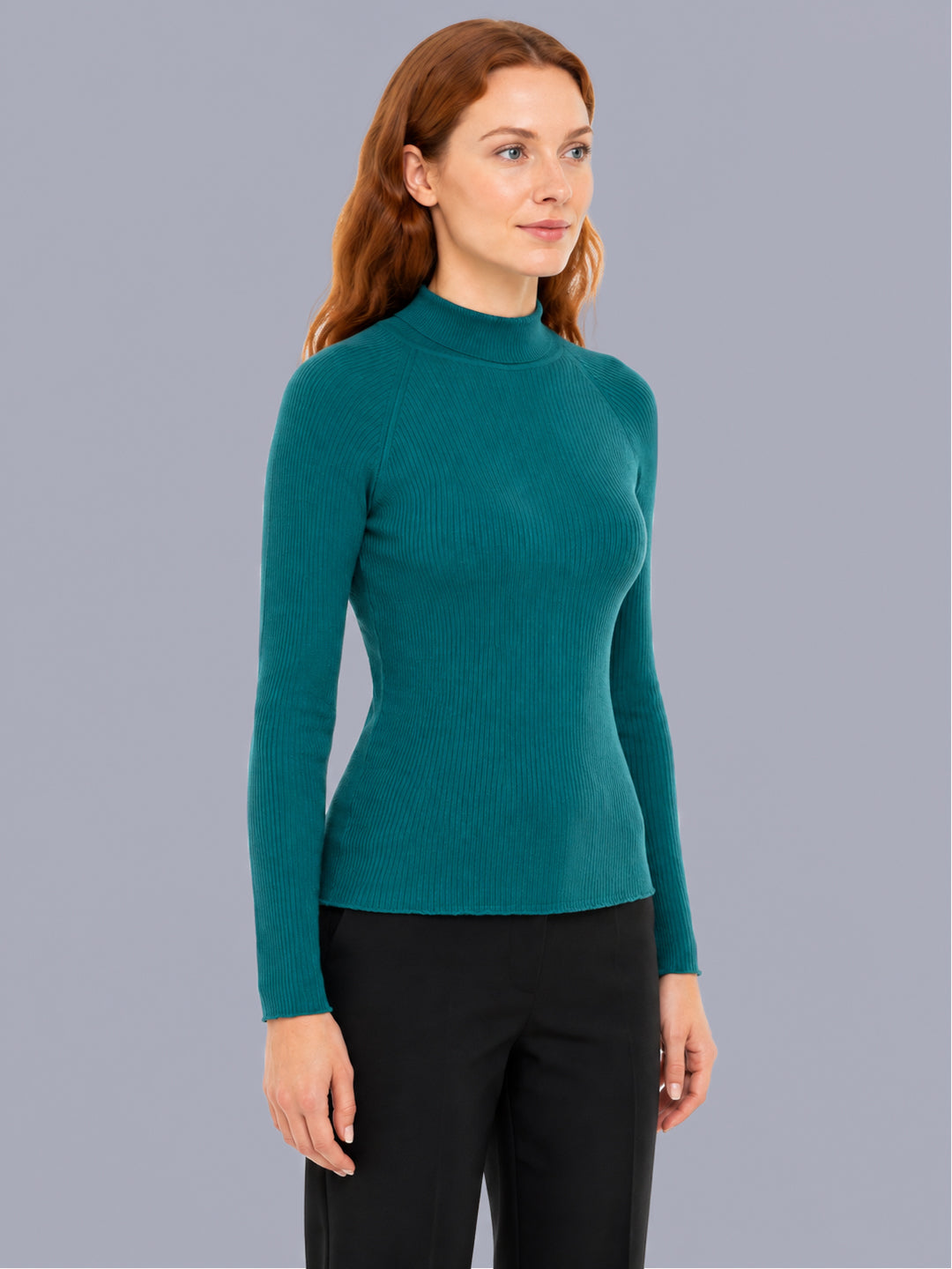 Women Aqua Blue Solid High Neck Full Sleeve Sceavy