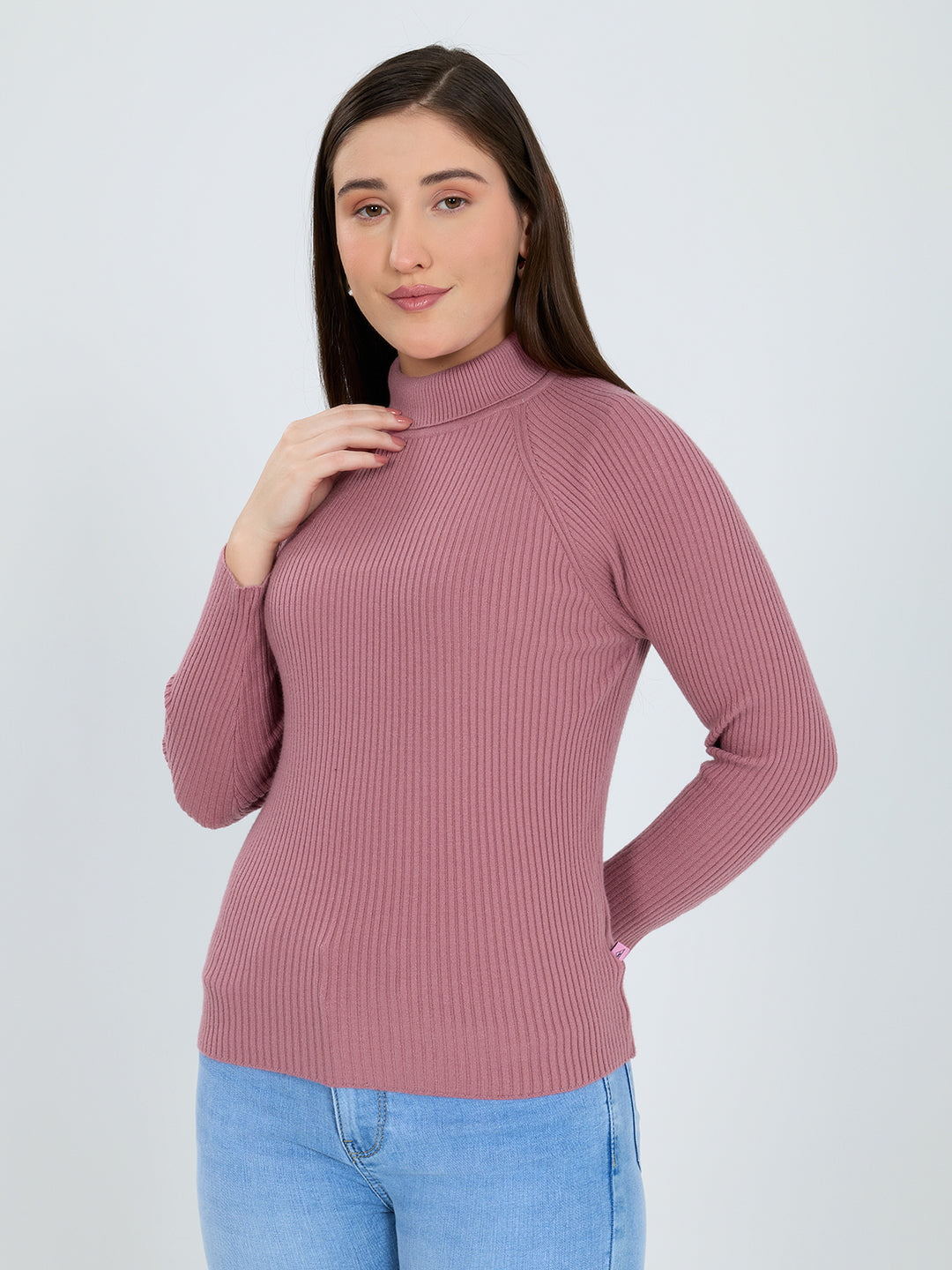 Women Light Pink Solid Turtle Neck Full Sleeve Sceavy