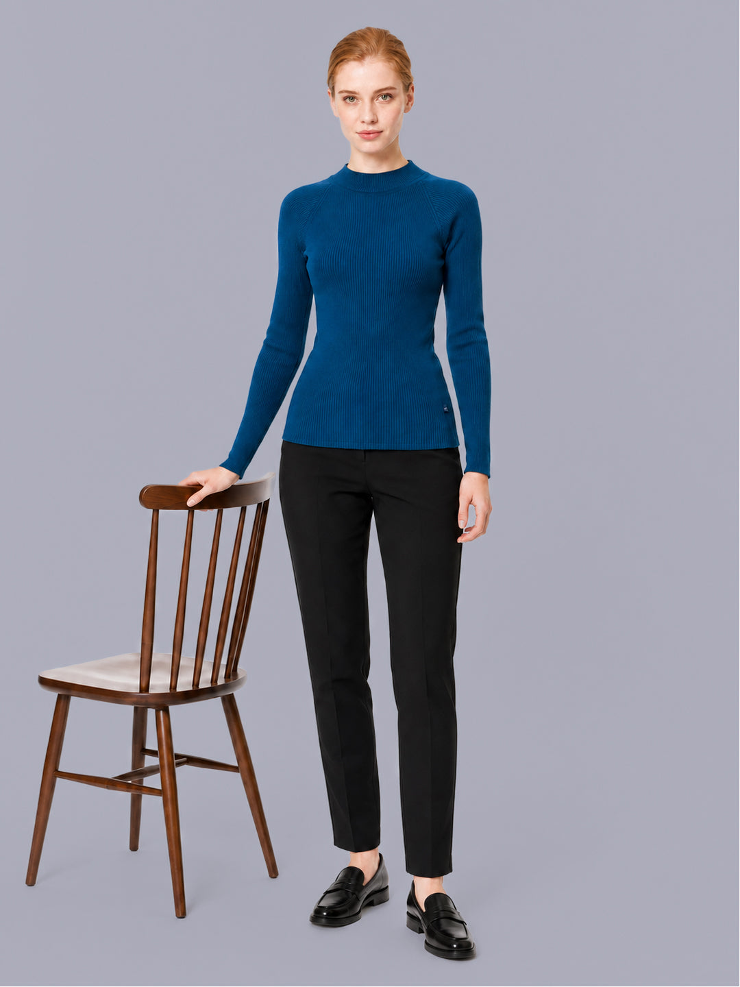Women Blue Solid High Neck Full Sleeve Sceavy