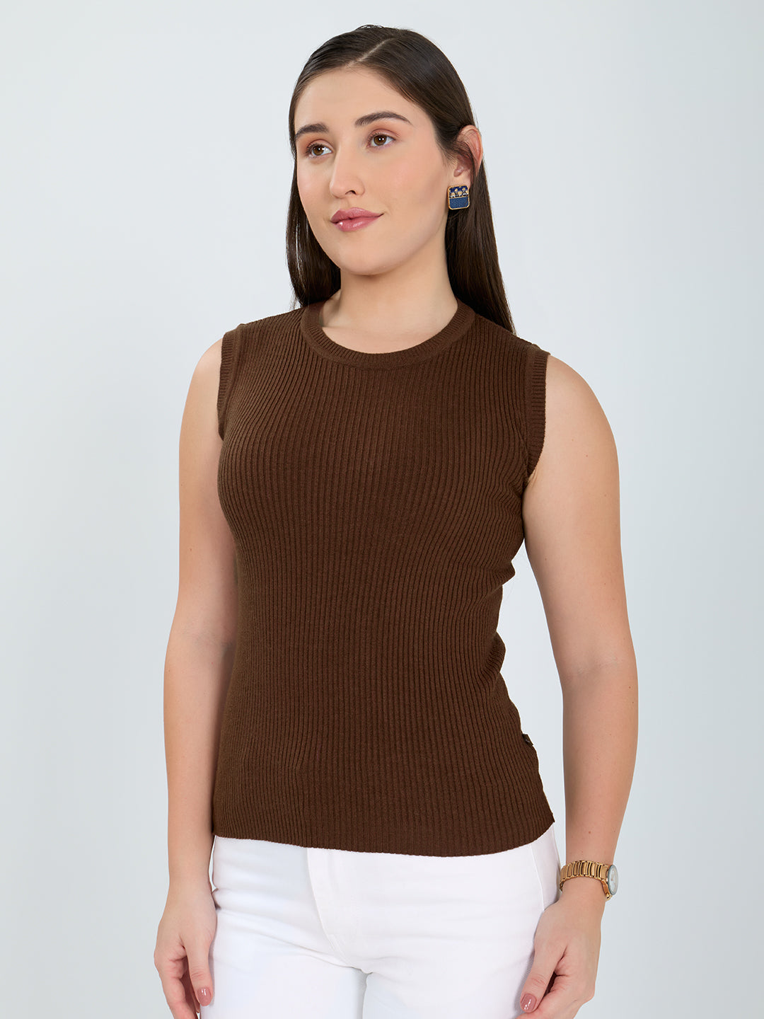 Women Camel Brown Solid Round Neck Sleeveless Sceavy