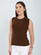 Women Camel Brown Solid Round Neck Sleeveless Sceavy