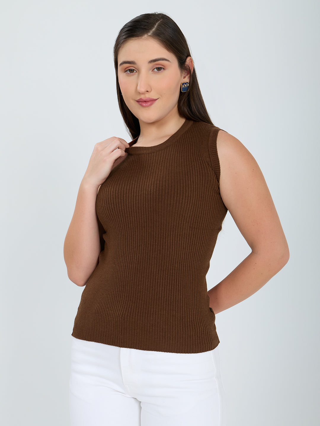 Women Camel Brown Solid Round Neck Sleeveless Sceavy
