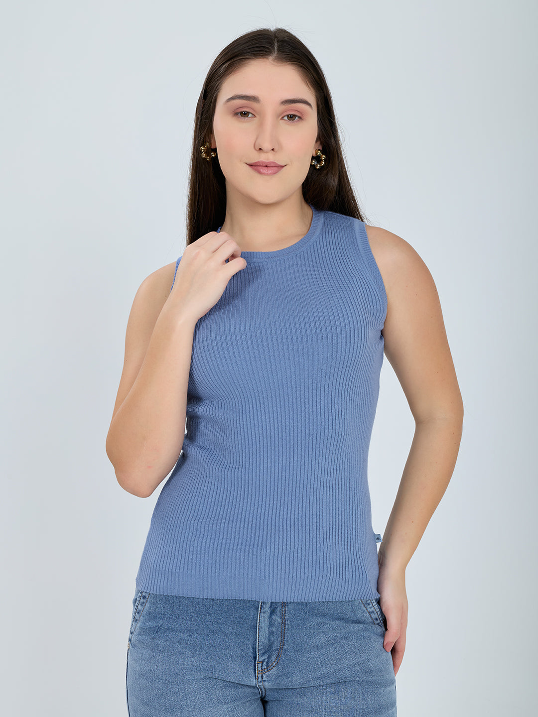 Women Blue Solid Turtle Neck Full Sleeve Sceavy