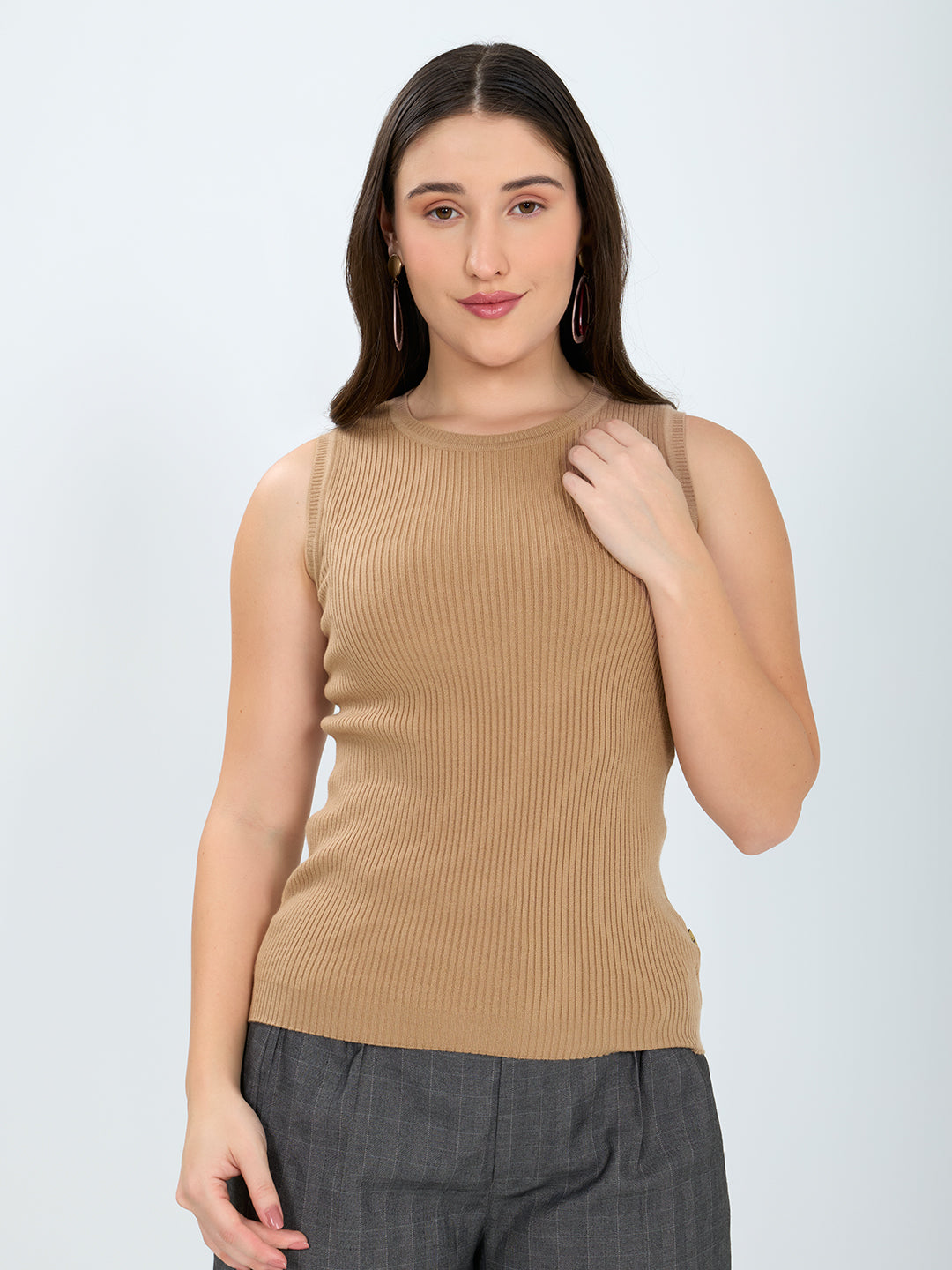 Women Camel Brown Solid Round Neck Sleeveless Sceavy