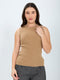 Women Camel Brown Solid Round Neck Sleeveless Sceavy
