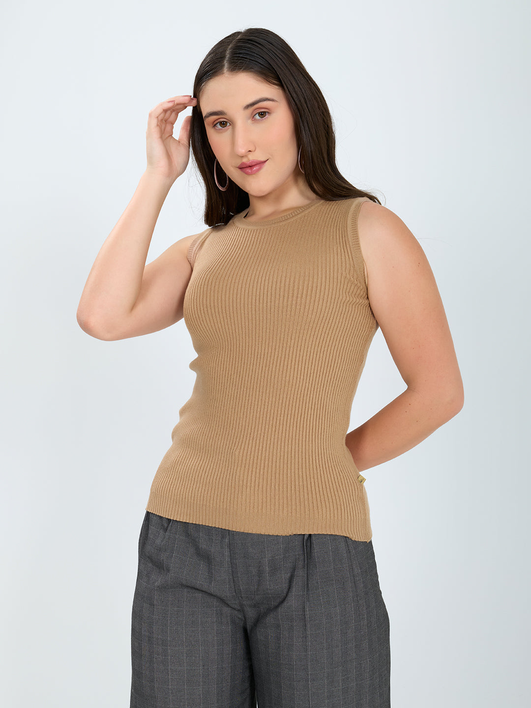 Women Camel Brown Solid Round Neck Sleeveless Sceavy