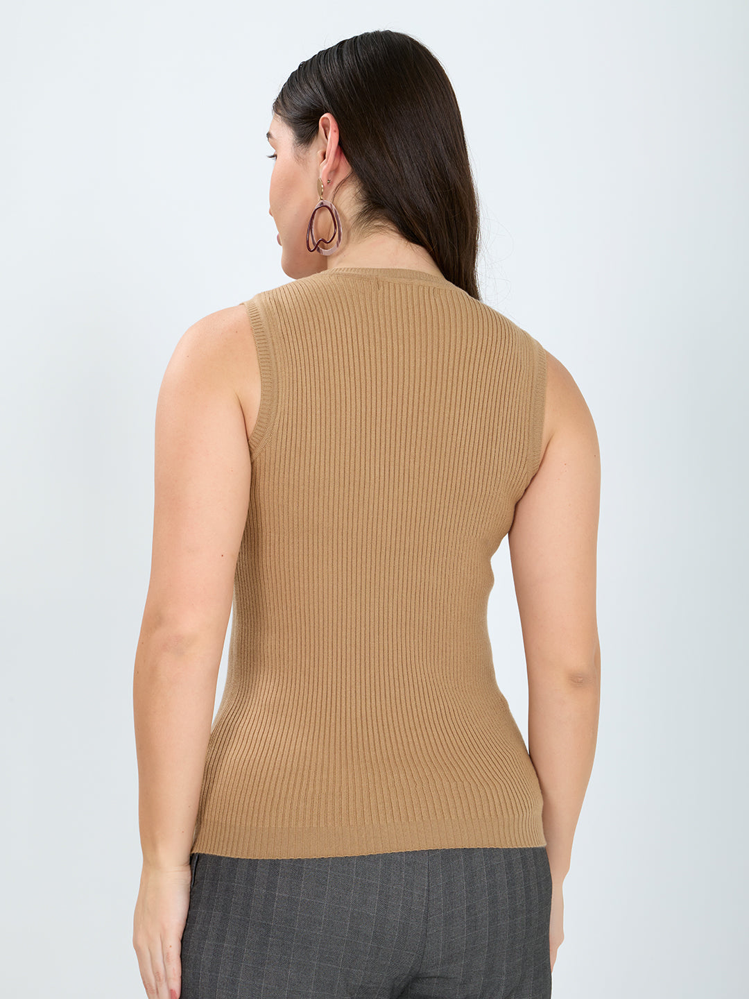Women Camel Brown Solid Round Neck Sleeveless Sceavy