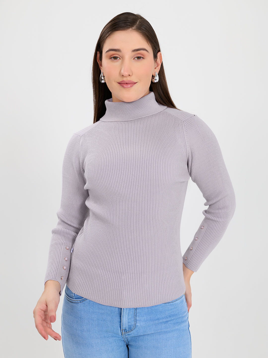 Women Purple Solid Turtle Neck Full Sleeve Sceavy