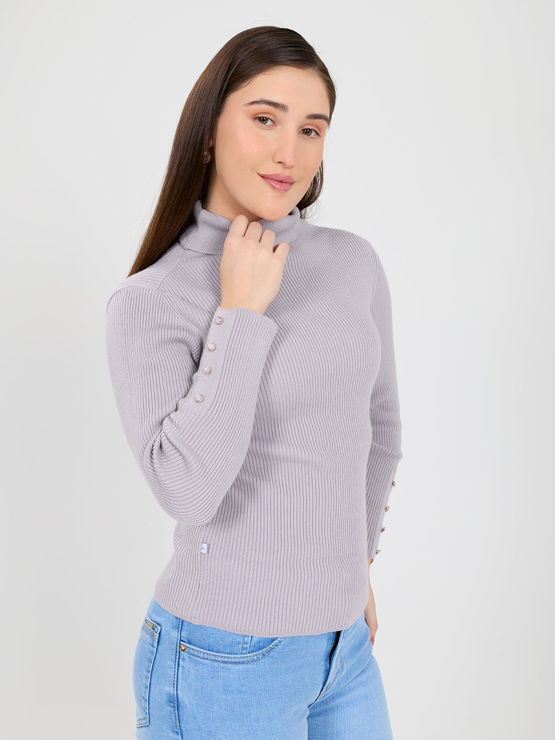 Women Purple Solid Turtle Neck Full Sleeve Sceavy