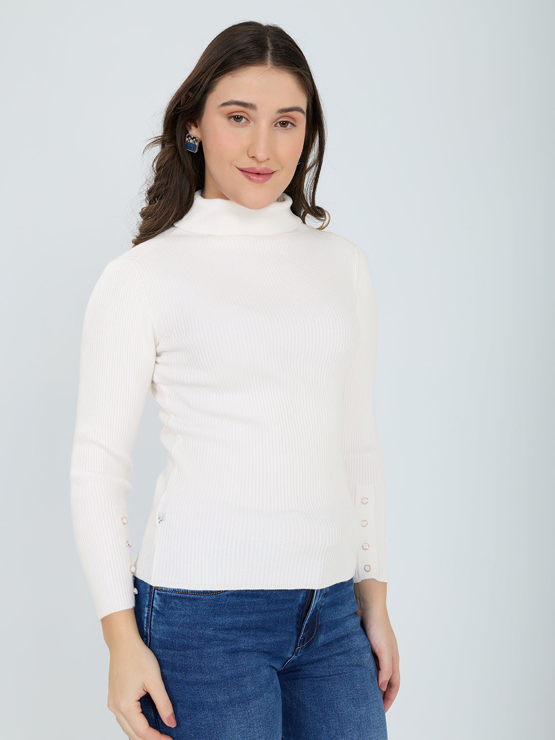 Women White Solid Turtle Neck Full Sleeve Sceavy