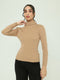 Women Camel Brown Solid Turtle Neck Full Sleeve Sceavy