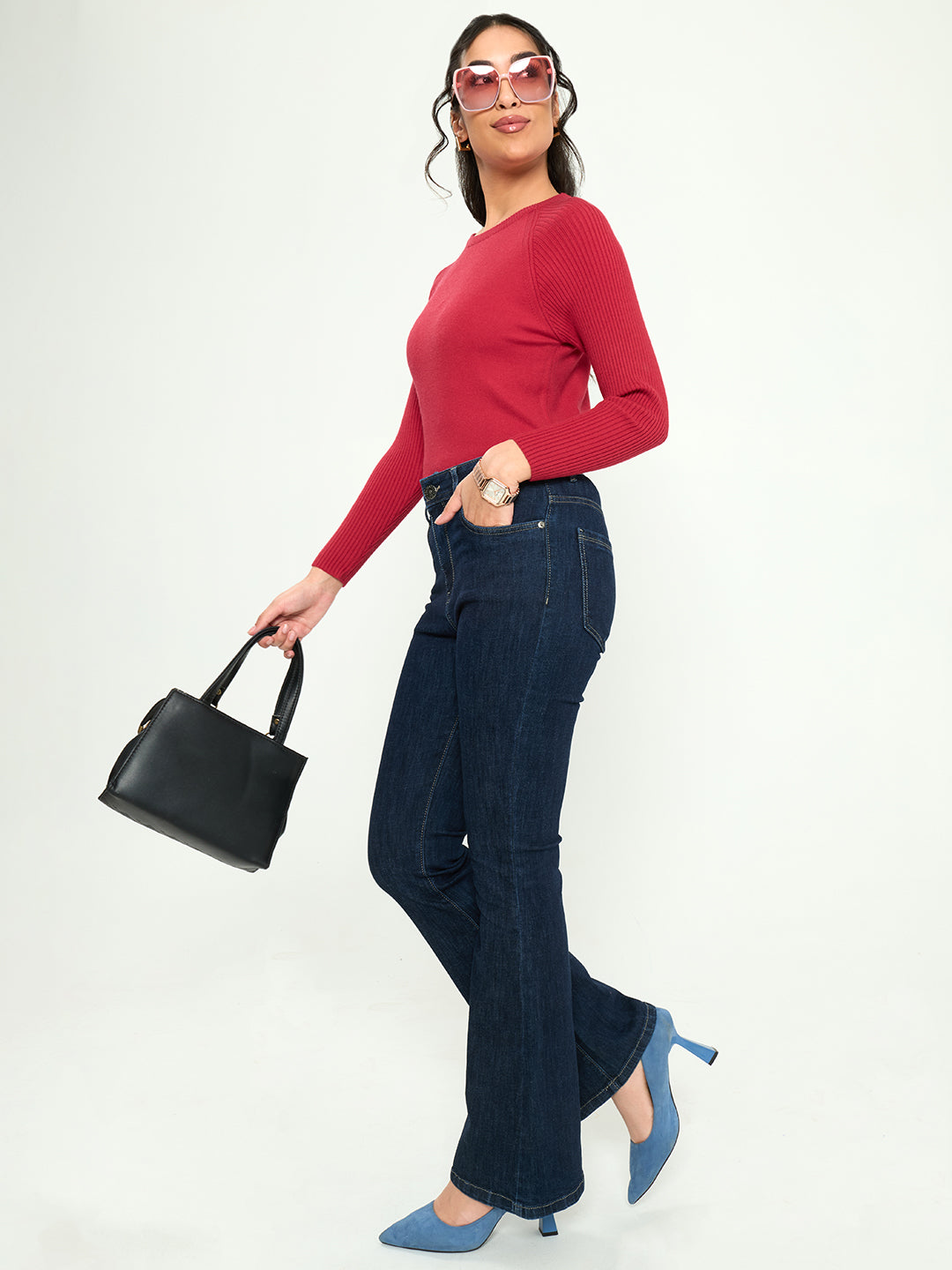 Women Red Solid Round Neck Full Sleeve Sceavy