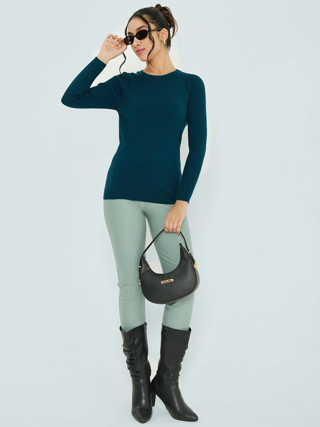 Women Teal Blue Solid Round Neck Full Sleeve Sceavy